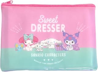 Sanrio My Melody × Kuromi × Cinnamoroll Accessories Cosmetic Flat vinyl pouch Zipper Case Bag 7.9 in (W) × 5.7 in (H), Pink, Blue, Cosmetic Bags