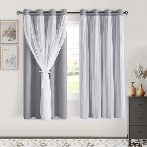 Image of DWCN Grey Blackout Curtains with Sheer Overlay with Tiebacks 63 Inch Long | Room Darkening Mix & Match Double Layer Window Panels for Bedroom Living Room Drape, Grommet Top, 52 inch Wx63 inch L, Set of 2