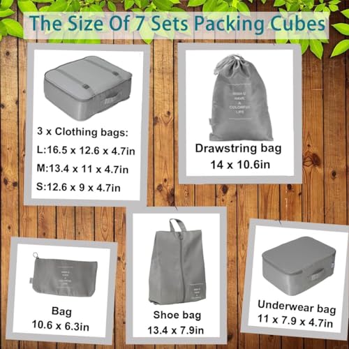 Image of 7 in 1 Travel Packing Cubes Organizer Set with Mesh Packing Bags, Shoe Bag, Laundry Bag, Zipper Pouch & Toiletry Organizer, Travel Luggage Organizers for Clothes, Cosmetics & Accessories (Grey)