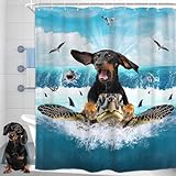 Homewelle Funny Dachshund Dog Shower Curtain Kids Boys Animal Riding Sea Turtle Surfing Cool Beach Ocean Waves Shark 60Wx72H Inch Blue Sky White Clouds Waterproof Polyester Fabric Bathroom Bathtub