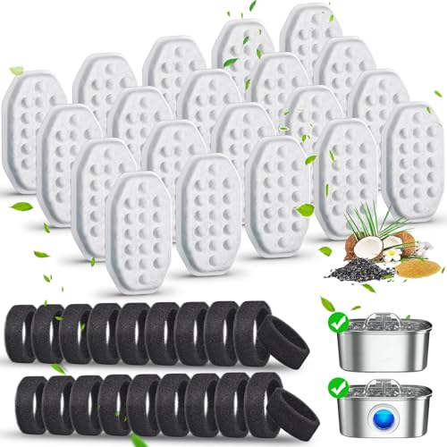 Image of Cat Water Fountain Filters 40 Pack Fits Rellaty & Neareal Pet Fountains | Replacement 20 Carbon Filters & 20 Pre-Filter Sponges for 3.2L /108oz Automatic Stainless Steel Pet Water Fountains