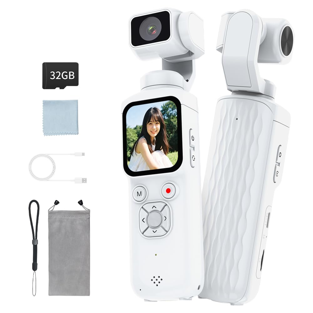 【2026業界新設計】明誠 Vlogカメラ アクションカメラ ボディカメラ ビデオカメラ 小型 CMOS 4K動画撮影 7500万画素 手ブレ補正 330°回転レンズ 顔 被写体トラッキング 1.72インチタッチ画面&モニター 190分連続録画 WiFi スマホ連携 初心者 Webカメラ 旅行 アウトドア 32GBカード付き（ホワイト）