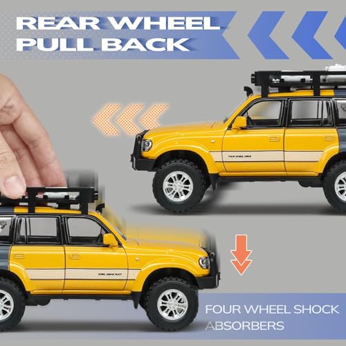 Image of 1:24 Scale Diecast Land Cruiser LC80 Model Car - Metal Pull Back Toy with Opening Doors, Lights & Sounds - Collectible Toy SUV for Boys Age 3-8, Certified Safe Gift for Kids (Yellow)