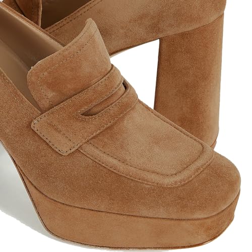 Women Chunky High Heel Platform Loafers Closed Square Toe Heels Suede 4" Block Heel Penny Loafers Pumps Platform Slip On Dress Heels 4-11 M US3