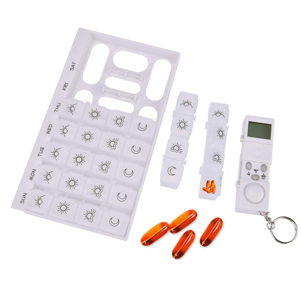 Portapillole 7 Giorni Pill Box Medicina Pillola Caso LED Timer Promemoria 28 Griglie Compresse Settimanali Dispenser di Pillole di Stoccaggio Sveglia Contenitore