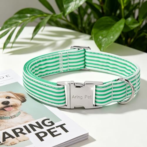 Image of ARING PET Cute Dog Collar for Puppy Small Medium Large Dogs-Teal Stripe L | Cute Heavy Duty Basic Pet Collars with Metal Buckle for XS S M L XL Dogs, for City Seaside Walk Coffee Shop Pool Party Stroll