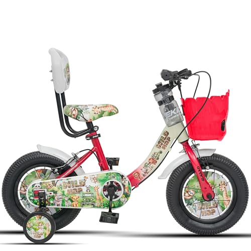 Image of WildHop 12T Kids Bicycle with Training Wheels, Backrest Seat, Basket & Safety Features for Toddlers (Cream Red, 12T)