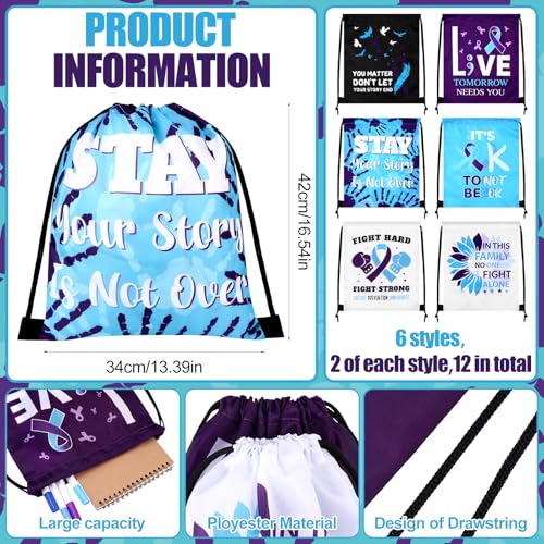 12 Set Suicide Prevention Awareness Drawstring Backpacks and Buttons Badge Bulk Purple Teal Ribbon Lapel Pins Suicide Prevention Backpack Mental Health Gift for Men Women Charity Supplies2
