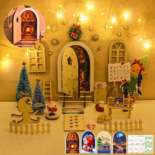 Wichteltür Set mit Licht Isisyu 55 Stück Wichtel Zubehör Weihnachten Komplettset Im Dunkeln Leuchten, Wichtelbriefe, Wichtel Schablone, Fußabdrücke, Magische Tür, Weihnachtsbaum