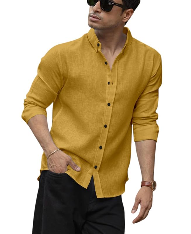Image of Men's Solid Linen Cotton Shirt Casual Plain Full Sleeve Summer-Regular Fit Men Stylish Shirt DARK-LINEN-01