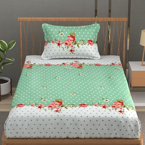Image of Premium Heavy Cotton Elastic Fitted Bedsheets with 1 King Size Pillow Covers | Single Bed with All Around Elastic 350 TC | 36 x 78 x 6 Inch Single Size Fitted | - Green Dot