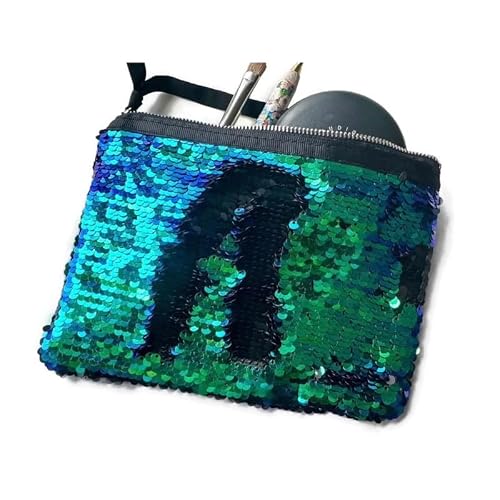 Image of Flip Sequin Makeup Bag – Reversible Mermaid Sequin Pouch – Two-Tone Sparkly Clutch – Cosmetic Brush Holder & Travel Purse (Iridescent Green & Black)