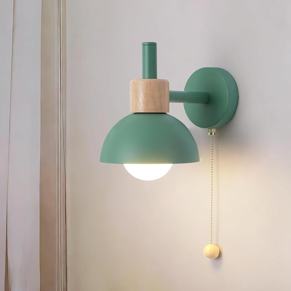 LOGT Retro Wooden Wall Lamp (Indoor) E27 with Switch Metal Wall Light Semi Circular Lampshade Wallspot E27 Bedside Lamp Modern Macaron Lighting Toggle Switch for Living Rooms Hallways Hotels,Green