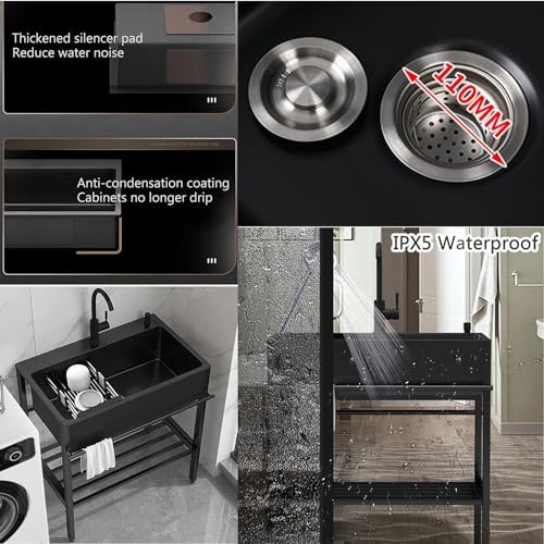 Freestanding Utility Sink,Utility Sink,Free Standing Stainless Steel Compact Kitchen Sink Cabinet,Black Laundry Room Outdoor Sink Hand Washing Station,Bathr(One Color-60x45x86cm/23.6x17.7x33.9in