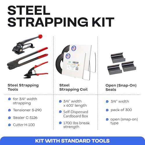 Image of IDL Packaging - B.SSK.34.600 3 /4 inch x 600 ft. Steel Strapping Kit, 1700 lbs. Break Strength - Include Consumables for up to 300 Strapping Cycles