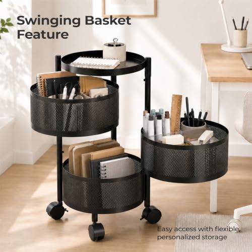 Image of Lifelong 3-Tier Multipurpose Organizer Cart with 360-Degree Rotating Wheels | Round Mesh Basket Trolley | Metal Storage Rack for Vegetables, Fruits, Utensils | Foldable Kitchen Trolley Stand