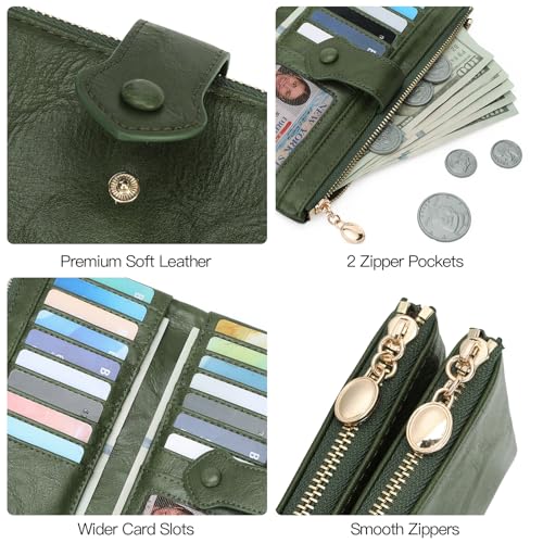 Image of GOIACII Wallet for Women Ladies Wallets Double Zippers Clutch Purse Green | Bifold Ladies Card Holder,Zipper Pockets,Ladies Wallets,Vintage Wallets for Women
