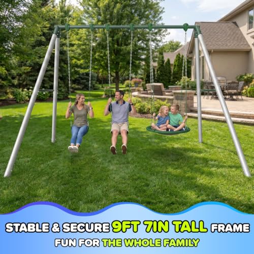 Sportspower Kilimanjaro 9.5FT Metal Swing Set for Kids and Adults with 2 Sling Swings & Saucer Swing, Heavy Duty Outdoor Playset with A-Frame & Industrial Clamp System – Green/White by Sportspower - Image 5