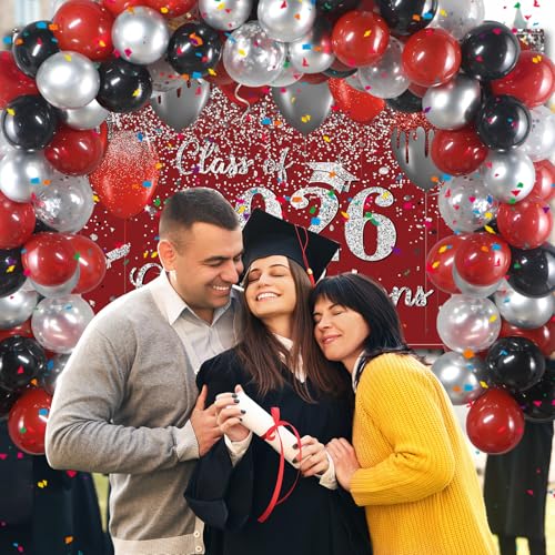 Buryeah Red and Silver Graduation Decoration 2026, Congrats Grad Backdrop Banner with 60 Latex Balloons Class of 2026 Graduation Party Supplies for School Grad Party Balloon Arch Photo Prop Decor — view 5