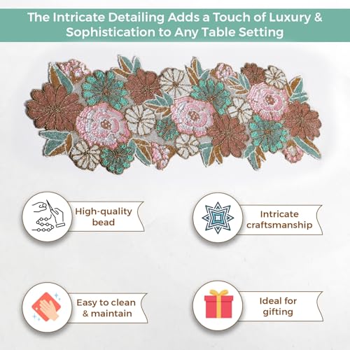 Image of Cotton Beautiful Beaded Table Runner, 13 x 36 Inches, Pack of 1 | Handcrafted Craftsmanship for Thanksgiving & Occasional Decoration