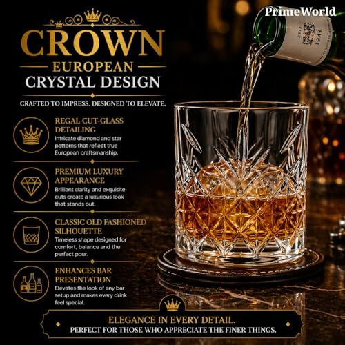 Image of PrimeWorld Crown European Crystal Whiskey Glasses Set of 6 pcs- 300 ml Bar Glass for Drinking Bourbon, Whisky, Scotch, Cocktails, Cognac- Old Fashioned Cocktail Tumblers