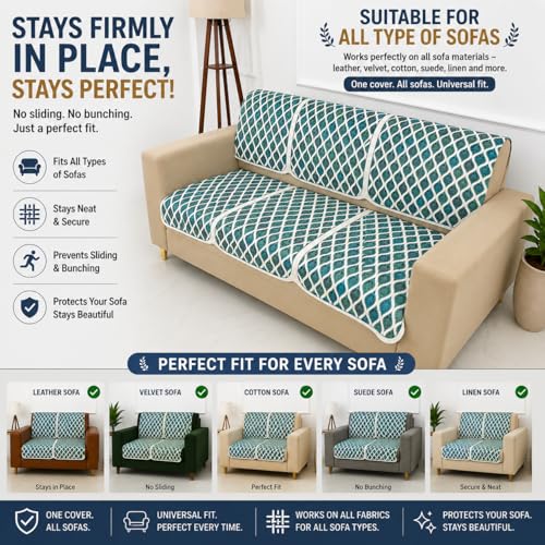 Image of Homerz Premium 'Maharaja Paradise Series' Sofa Cover | Net Fabric Sofa Cover | Washable, Anti-Dust Backed & Wrinkle Resistant Cover (Aqua Lattice, 5 (3+2) Seater, Seat Cover with Backrest)