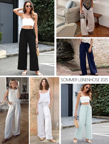 HAPYWER Leinenhose Damen Weites Bein Sommerhose Leichte Strandhose Palazzo Hose Lang Stoffhose High Waist mit Gummizug Palazzo Strandhose mit Taschen(HellGrün,XL)