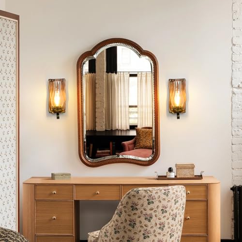 Image of Rustic Wall Sconces Sets of 2, Oil Rubbed Bronze Wall Sconce Indoor Retro Wall Lamps with Amber Glass E12 Wood Bedside Wall Light Fixture for Hallway Living Room Bedroom Fireplace