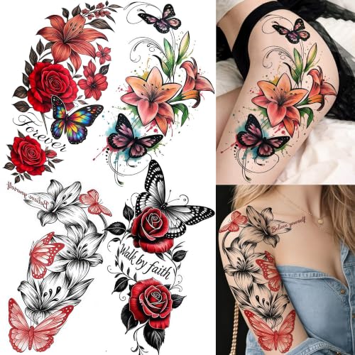 Image of VANTATY 4 Sheets Large Watercolor Flower Lily Temporary Tattoos For Women Adults Arm Thigh Tattoo Sticker, Realistic Floral Butterfly Rose Fake Tattoos Body Art Hips Buttock Makeup Tatoos Long Lasting