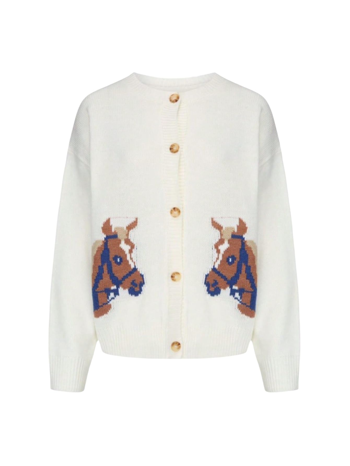 Womens Horse Cardigan Sweater Long Sleeve Lightweight Horse Sweater Crew Neck Button Down Knit Outerwear
