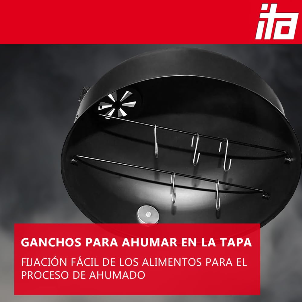 ITA Parrilla Ahumador 3 en 1 Multifuncional - Asar, Ahumar, Cocinar - Parrilla de Carbón Modular con Termómetro y Regulador de Aire en Tapa - Barril Ahumador