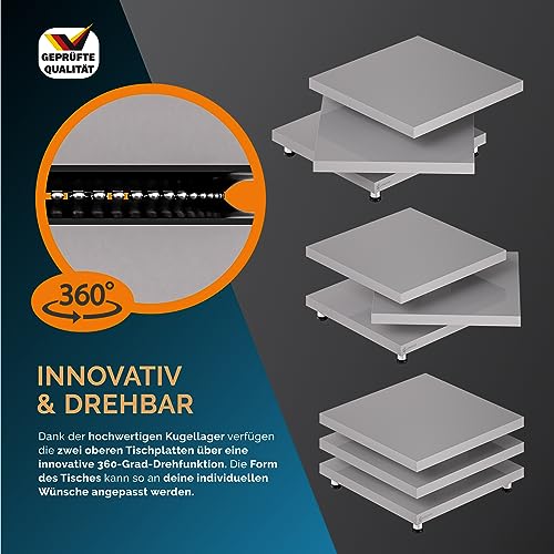 Casaria® Couchtisch New York 72x72cm Wohnzimmertisch Grau Hochglanz Design Modern 360° drehbare Tischplatte höhenverstellbare Füße MDF Sofatisch Cube – Bild 6