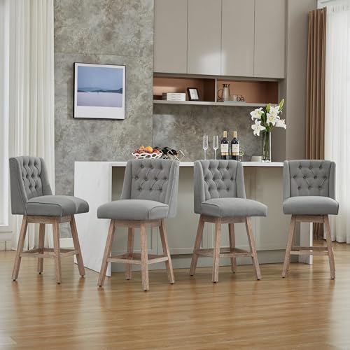 Image of Counter Height Bar Stools Set of 3, 360Swivel Bar Stools with Back and Wood Legs, 28 inch Morden Linen Fabric Upholstered Barstools for Kitchen Island Dining Room Bar
