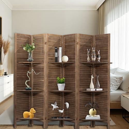 Lyngins 6 Panel Room Dividers 5.6FT Louvered Design Room Divider with Display Storage Shelves Folding Privacy Screens Portable Freestanding Partition Wall Divider for Home Bedroom Office, Dark Brown