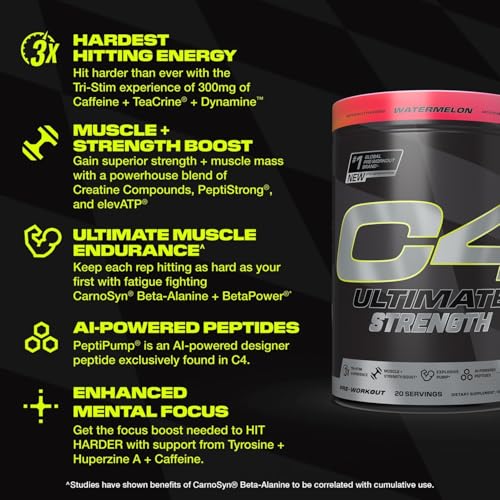 Image of Cellucor C4 Ultimate Strength Pre Workout Powder - Tri-Stim Experience 300mg Caffeine+TeaCrine+Dynamine - Creatine & Beta-Alanine - Energy Supplement for Men & Women - Watermelon, 20 Servings