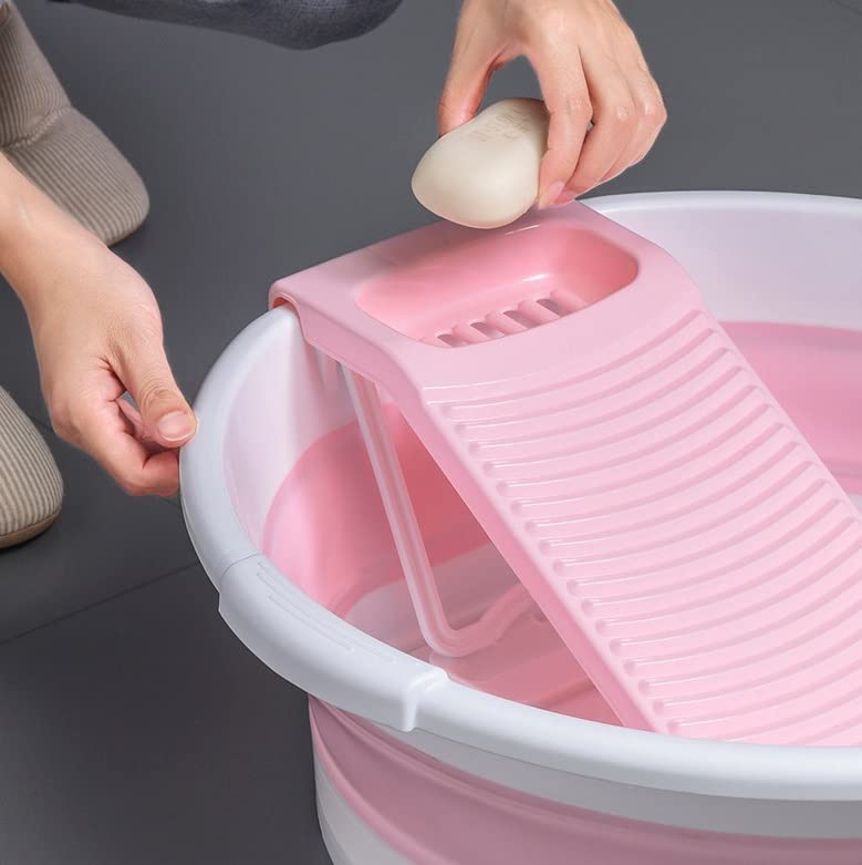 GRTG Lavabo plegable + tabla de lavandería, redondo, adecuado para lavar la ropa con la mano (color: rosa, tamaño: 1 unidades)