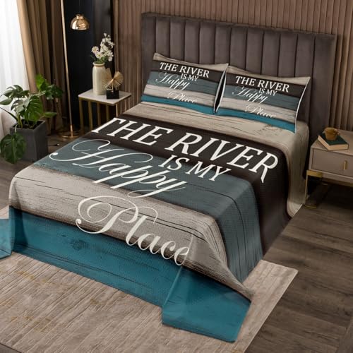 River Life Bedspread Set Queen Size for Kids,Boys Girls River Scenery Quilt Set Blue and Brown Wood Bedspread Coverlet Rustic Farmhouse Bedspread 3 Piece Decorative Bedding Quilted with 2 Pillow Shams
