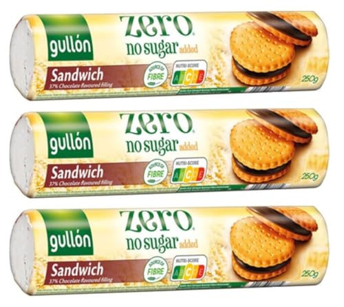 Gullón Zero Sandwich Kekse | Ohne Zuckerzusatz | 3er Pack (3× 250 g) | Gefüllt mit 37% Schokoladencreme | Reich an Ballaststoffen