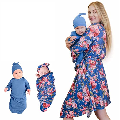 Image of RNOONY Mommy and Me Robe and Swaddle Set, Maternity Robe for Hospital-Delivery, Mom and Baby Matching Outfits Hospital