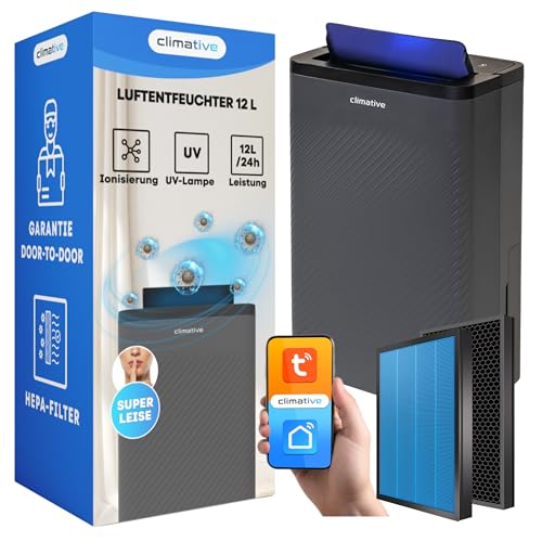 Climative Luftentfeuchter Elektrisch 12L/24h mit HEPA Filter & Aktivkohle, WiFi Smart Home Air Purifier Nexi ION UV Raumentfeuchter für Zuhause,...