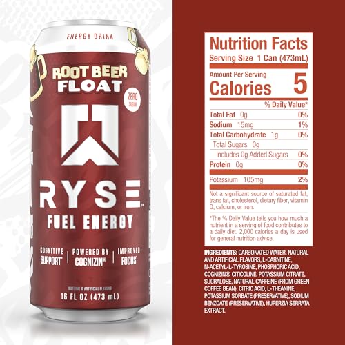 Image of RYSE Fuel Energy Drink - Root Beer Float - Sugar Free - 200mg Natural Caffeine, New Formula to Supports Cognitive Health & Improves Focus - No Artificial Colors - 16 fl oz Cans (12-Pack)