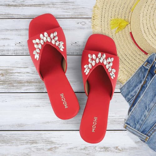 Image of Mochi Women Synthetic Embellished Slip-On Block Heel Sandals