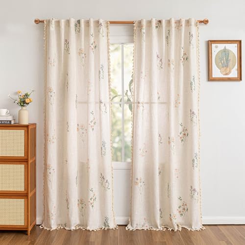 Image of MYSKY HOME Floral Boho Farmhouse Curtains 96 Inches Long Linen Blend Spring Light Filtering Living /Dining Room Bohemian Window Treatments with Tassel Back Tab, 50 inch Wide Each Panel, 2 Panels, Pink