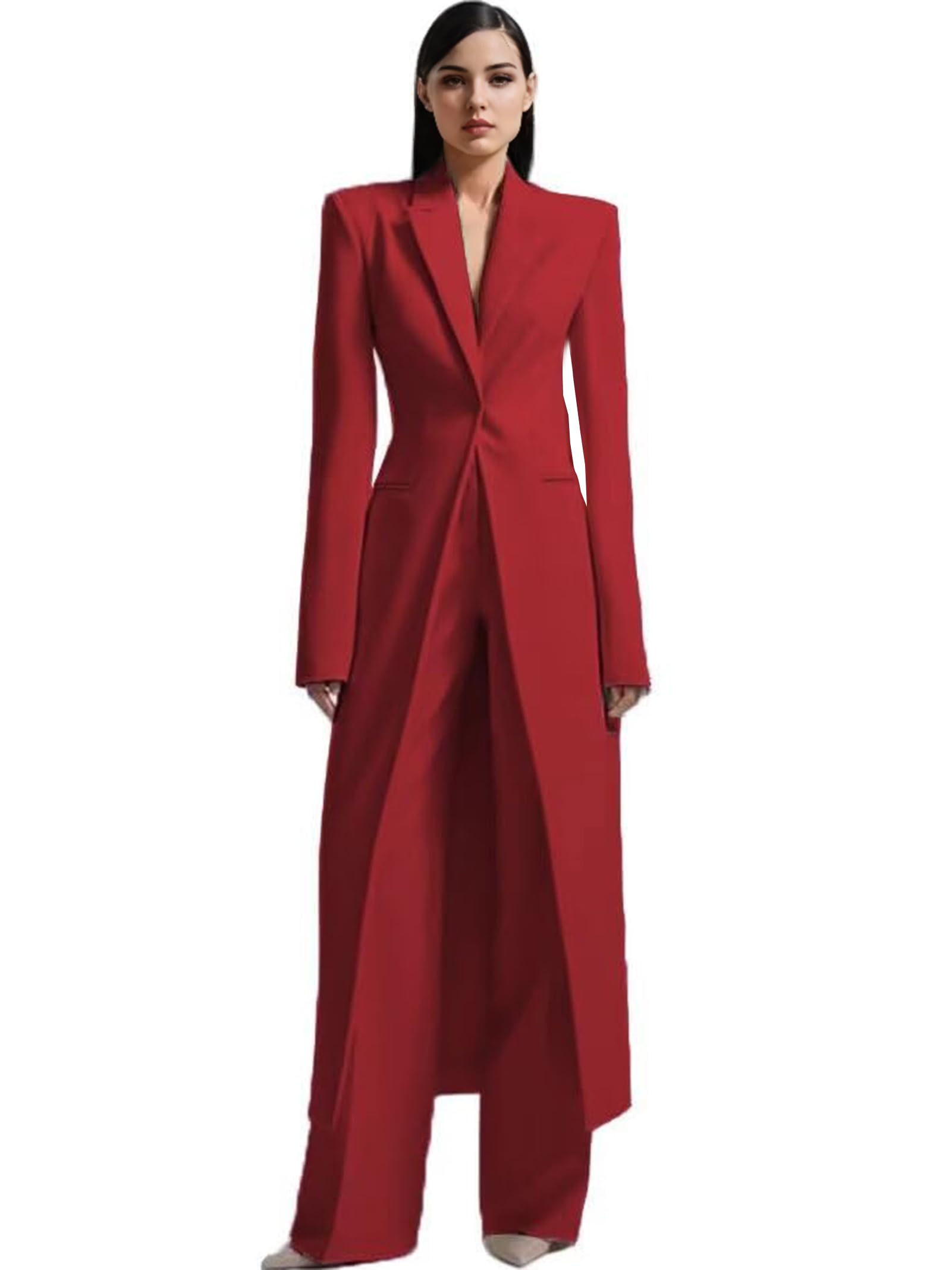 Womens Suit 2 Piece Slim Fit Outfits Casual Long Blazer Jacket Set Lady Formal Wedding High Waisted Pants