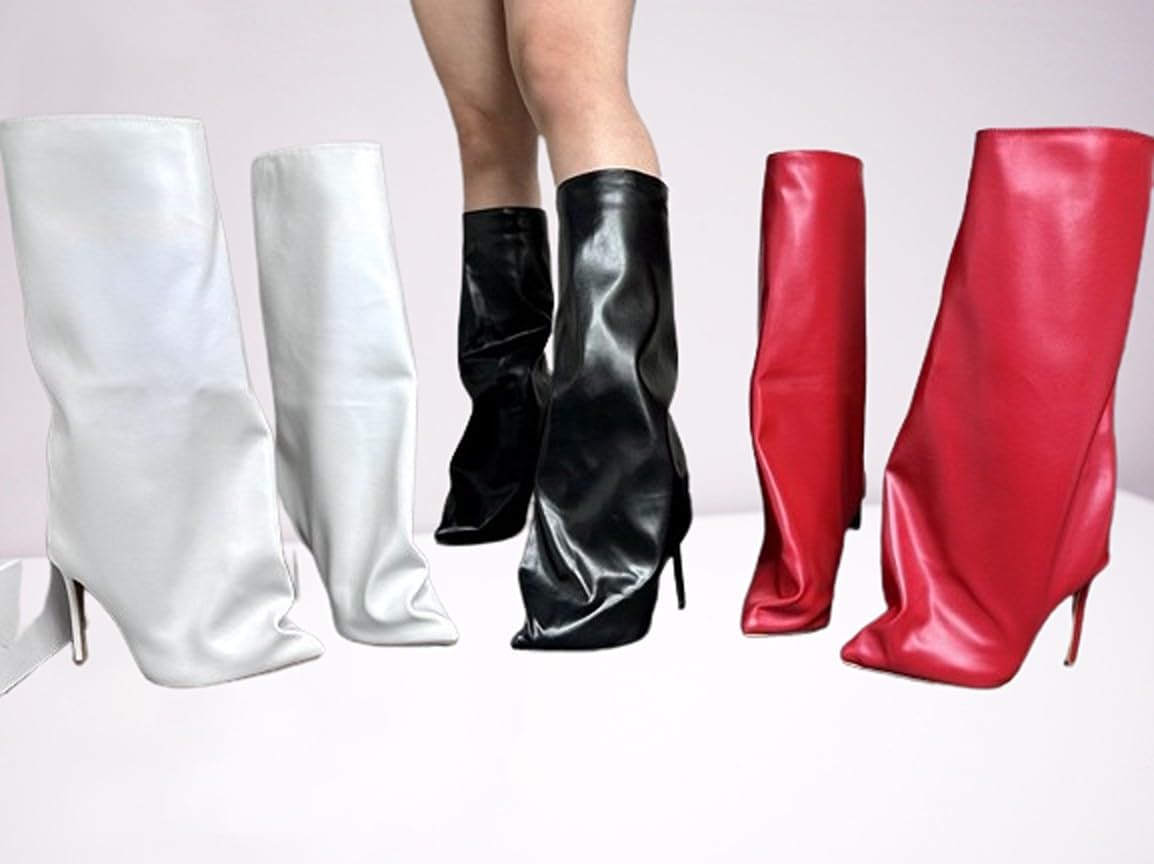 Liliana Women Fold Over Boots Knee High Pointed Toe Stiletto Heel Slouchy Boots
