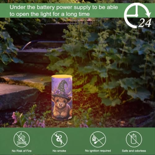 Image of Poceacles Flameless LED Candle Battery Powered Votive Lights Realistic Pillar Candle Decorative Tea Lights for Home Party Indoor Outdoor Decor, Wizard Hat Highland Cow Pumpkin Violet