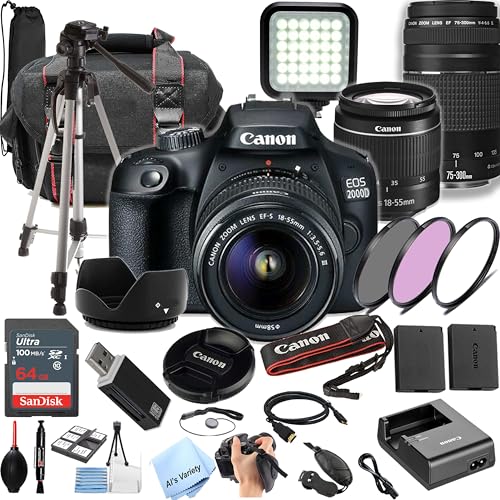 Canon EOS 2000D / Rebel T7 DSLR Camera|2 Lens Kit with EF18-55mm + EF 75-300mm Lens + 64GB Memory, LED Video Light, Case, Tripod, Filters, Grip & More(32pc Bundle) (Renewed)