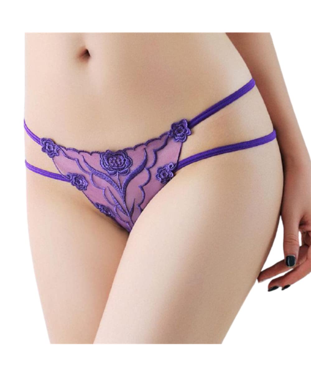 bjac Women G-String Embroidered Transparent Temptation Underwear Female Traceless Perspective Cotton Crotch Hot Sexy Underpants (XS, Purple)-picture-42
