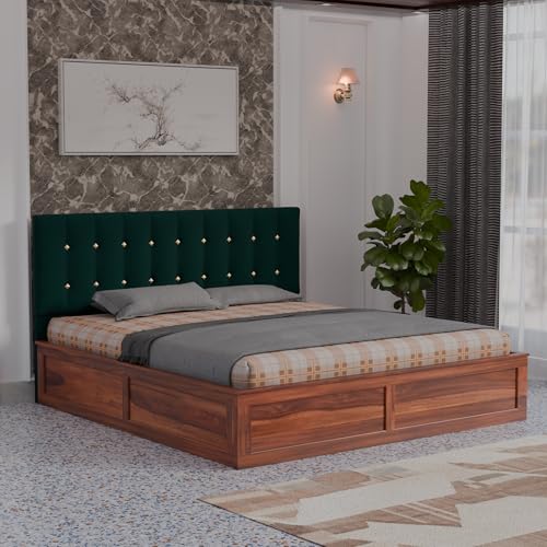 Image of Sheesham Wood Queen Size Bed with Storage Box | Upholstered Beds | Platform Cot with Cushioned Headboard | Double Bed for Home | Recommended Mattress 78x60 Inch | Bottle Green & Honey Finish