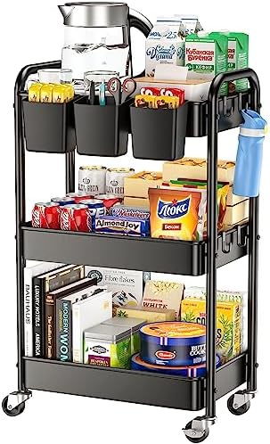 3 Tier Rolling Cart, YASONIC Metal Utility Cart, 66 Pounds Capacity, Mesh Storage Organizer Cart with Lockable Wheels & 3 Hanging Cups & 4Hooks, Easy Assembly, for Kitchen, Bathroom, Laundry, Grocery 3 Tier Rolling Cart, YASONIC Metal Utility Cart, 66 Pounds Capacity, Mesh Storage Organizer Cart with Lockable Wheels & 3 Hanging Cups & 4Hooks, Easy Assembly, for Kitchen, Bathroom, Laundry, Grocery